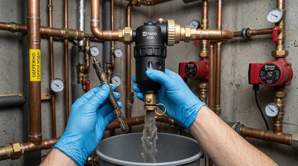 Сантехнік обслуговує магнітний фільтр-дешламатор FADO: витягнуто магнітний стрижень, відкрито нижній зливний кран, брудна сіра вода зливається у відро в котельні